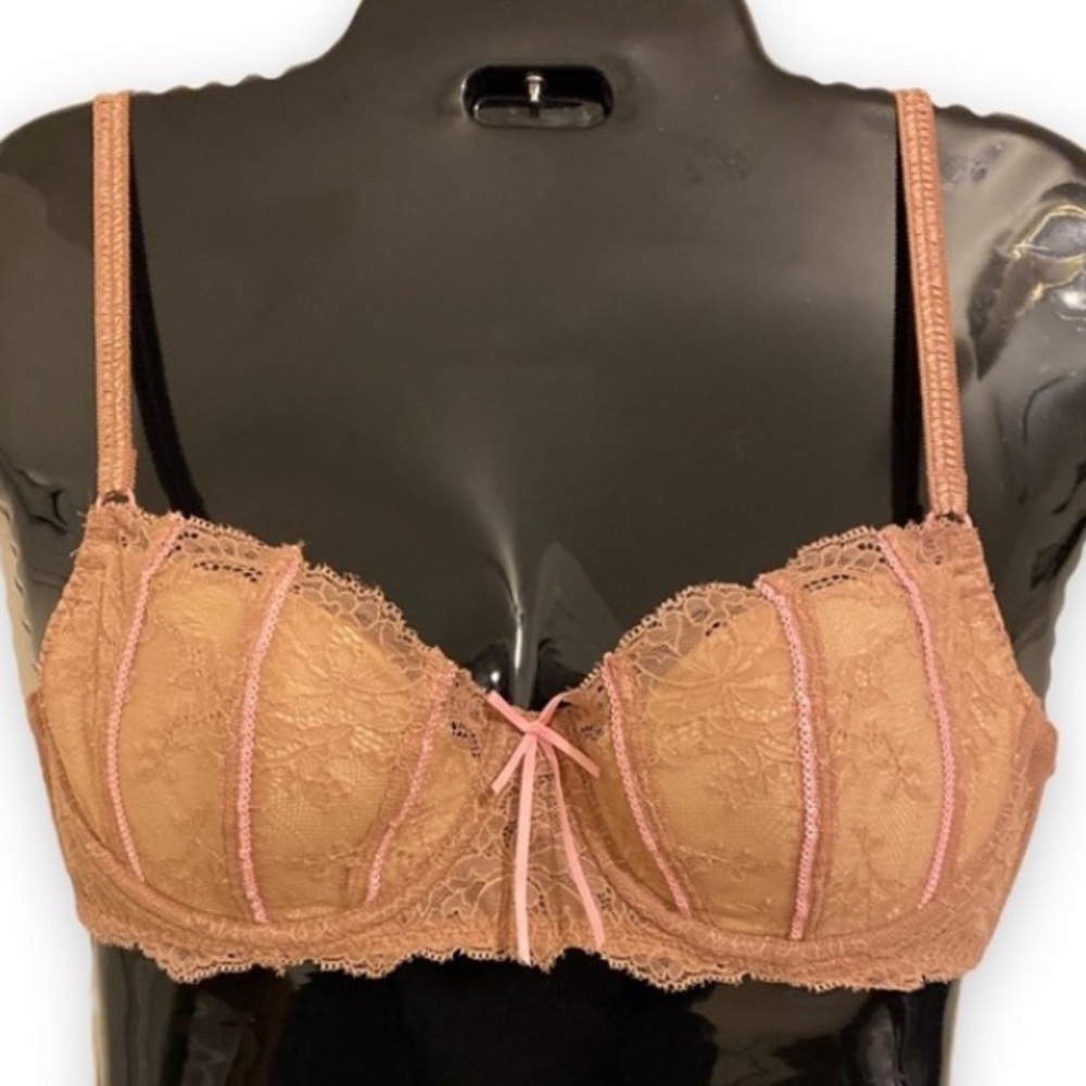 34B DKNY Tan Lace Bra Gorgeous & Sexy! Beautiful Pink Details Sheer Back Ribbon